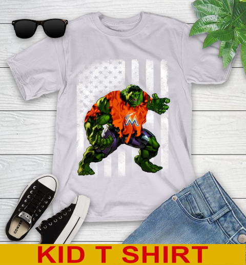 Miami Marlins Hulk Marvel Avengers MLB Baseball American Flag Youth T-Shirt 4