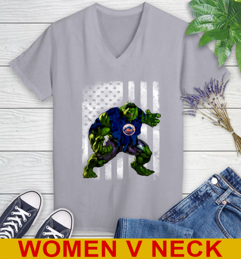 New York Mets Hulk Marvel Avengers MLB Baseball American Flag Women's V-Neck T-Shirt 4
