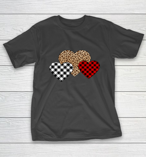 Valentine Three Hearts Leopard Buffalo Plaid Valentine s day T-Shirt