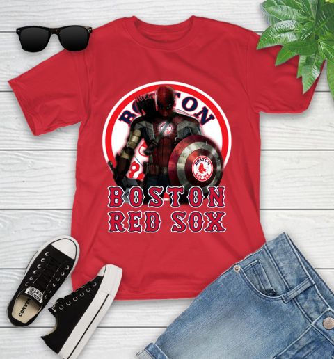 MLB Captain America Thor Spider Man Hawkeye Avengers Endgame Baseball Boston Red Sox Youth T-Shirt 10