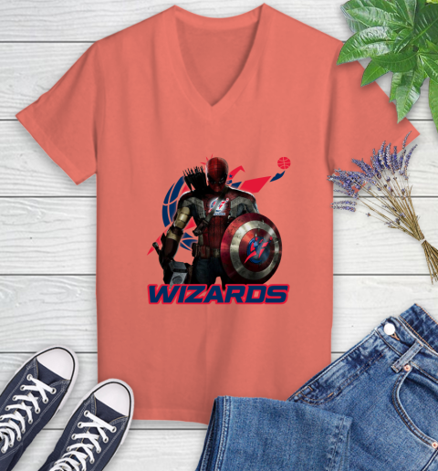 Washington Wizards NBA Basketball Captain America Thor Spider Man Hawkeye Avengers Women's V-Neck T-Shirt 6