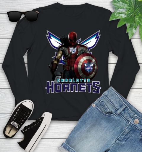 Charlotte Hornets NBA Basketball Captain America Thor Spider Man Hawkeye Avengers Youth Long Sleeve 2