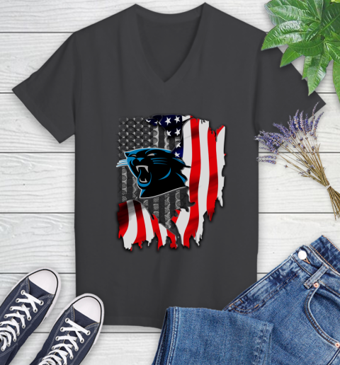 Carolina Panthers NFL Football American Flag Women's V-Neck T-Shirt 8