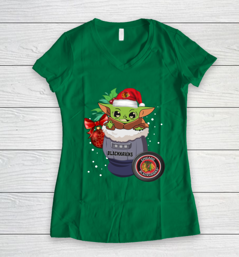 Chicago Blackhawks Christmas Baby Yoda Star Wars Funny Happy NHL Women's V-Neck T-Shirt 5