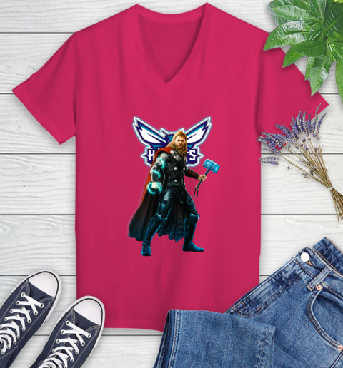 NBA Thor Avengers Endgame Basketball Charlotte Hornets Women's V-Neck T-Shirt 9