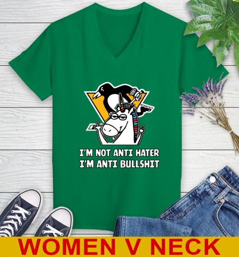 Pittsburgh Penguins NHL Hockey Unicorn I'm Not Anti Hater I'm Anti Bullshit Women's V-Neck T-Shirt 6