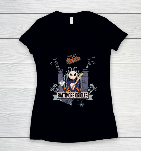 MLB Baltimore Orioles Baseball Jack Skellington Halloween Women's V-Neck T-Shirt