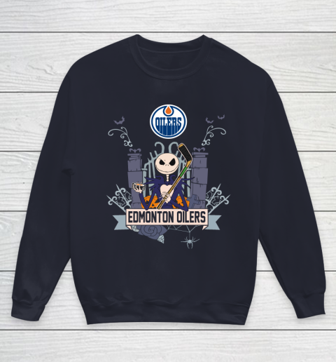 NHL Edmonton Oilers Hockey Jack Skellington Halloween Youth Sweatshirt 2