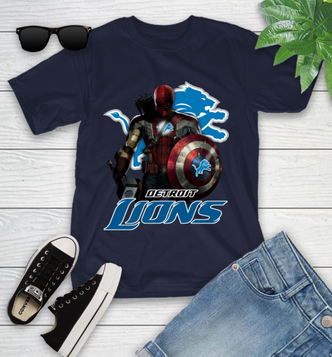 NFL Captain America Thor Spider Man Hawkeye Avengers Endgame Football Detroit Lions Youth T-Shirt 3