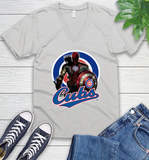 MLB Captain America Thor Spider Man Hawkeye Avengers Endgame Baseball Chicago Cubs V-Neck T-Shirt