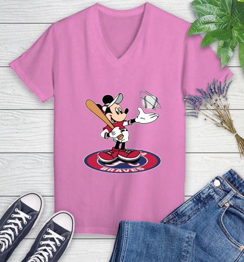 MLB Baseball Atlanta Braves Cheerful Mickey Disney Shirt Women's V-Neck T-Shirt 12