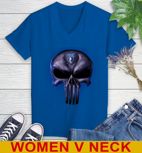 Memphis Grizzlies NBA Basketball Punisher Skull Sports Women's V-Neck T-Shirt 9