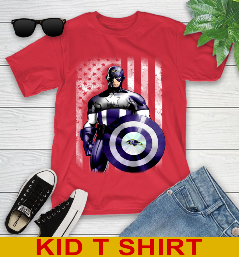 Baltimore Ravens NFL Football Captain America Marvel Avengers American Flag Shirt Youth T-Shirt 11
