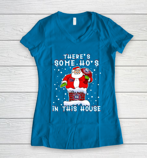New York Giants Christmas There Is Some Hos In This House Santa Stuck In The Chimney NFL Women's V-Neck T-Shirt 5