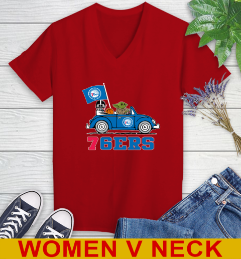 NBA Basketball Philadelphia 76ers Darth Vader Baby Yoda Driving Star Wars Shirt Women's V-Neck T-Shirt 12