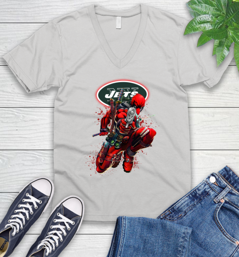 NFL Deadpool Marvel Comics Sports Football New York Jets V-Neck T-Shirt
