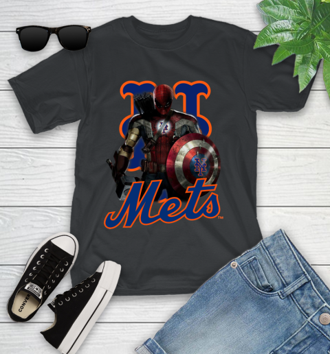 MLB Captain America Thor Spider Man Hawkeye Avengers Endgame Baseball New York Mets Youth T-Shirt 2