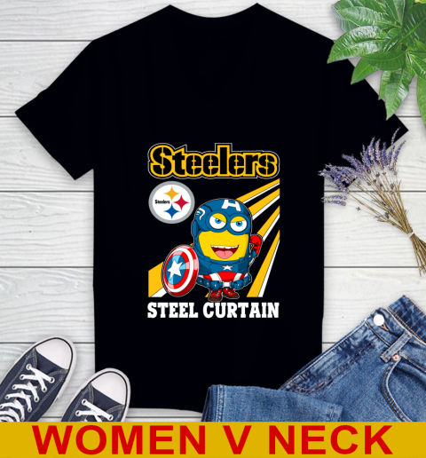 NFL Football Pittsburgh Steelers Captain America Marvel Avengers Minion Shirt Women's V-Neck T-Shirt