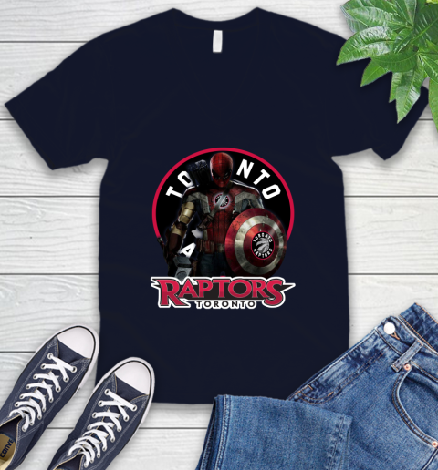 Toronto Raptors NBA Basketball Captain America Thor Spider Man Hawkeye Avengers V-Neck T-Shirt 3