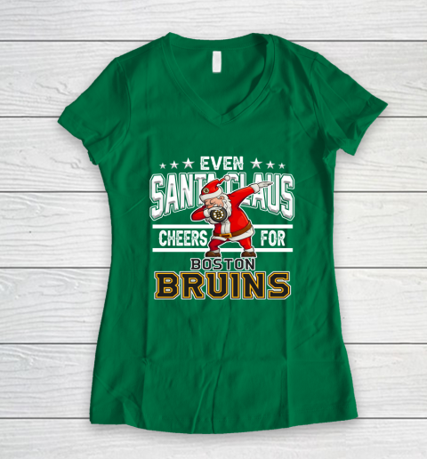 Boston Bruins Even Santa Claus Cheers For Christmas NHL Women's V-Neck T-Shirt 3