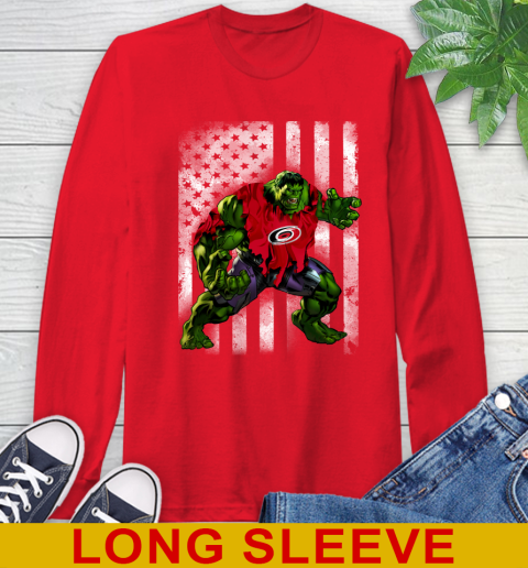 Carolina Hurricanes Hulk Marvel Avengers NHL Hockey American Flag Long Sleeve T-Shirt 12