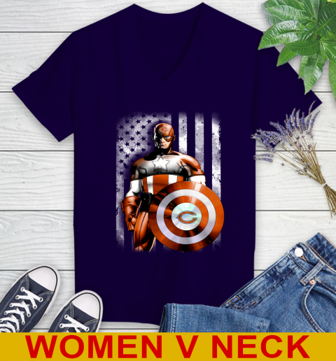 Chicago Bears NFL Football Captain America Marvel Avengers American Flag Shirt Women's V-Neck T-Shirt 3