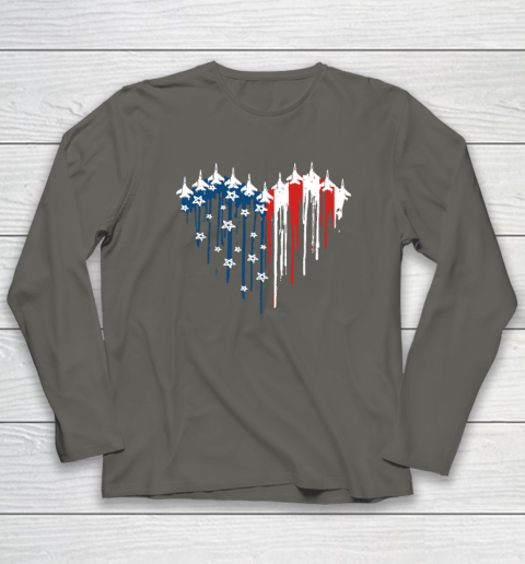 Retro Fighter Jet Airplane American Flag Heart 4th Of July Long Sleeve T-Shirt 4