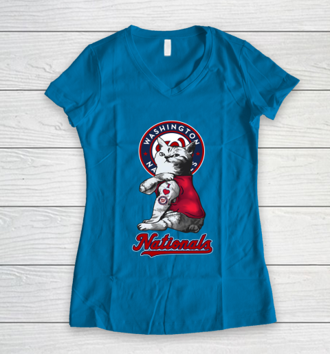 MLB Baseball My Cat Loves Washington Nationals Women's V-Neck T-Shirt 5