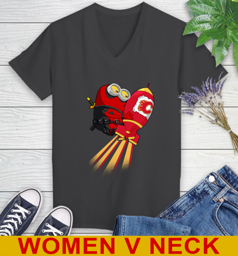 NHL Hockey Calgary Flames Deadpool Minion Marvel Shirt Women's V-Neck T-Shirt 8