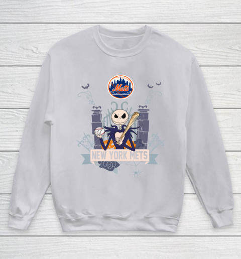 MLB New York Mets Baseball Jack Skellington Halloween Youth Sweatshirt 3