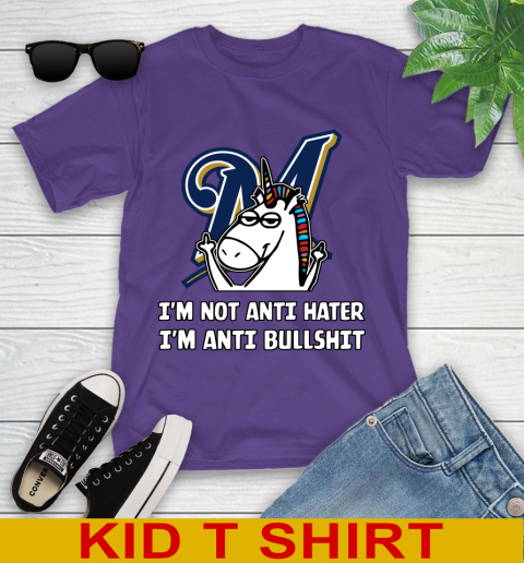 Milwaukee Brewers MLB Baseball Unicorn I'm Not Anti Hater I'm Anti Bullshit Youth T-Shirt 4