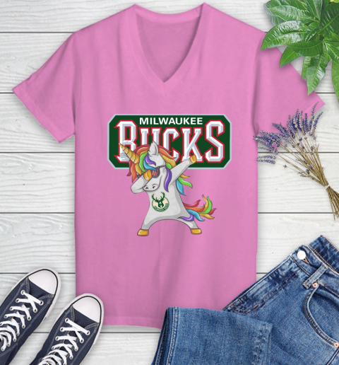Milwaukee Bucks NBA Basketball Funny Unicorn Dabbing Sports Women's V-Neck T-Shirt 14