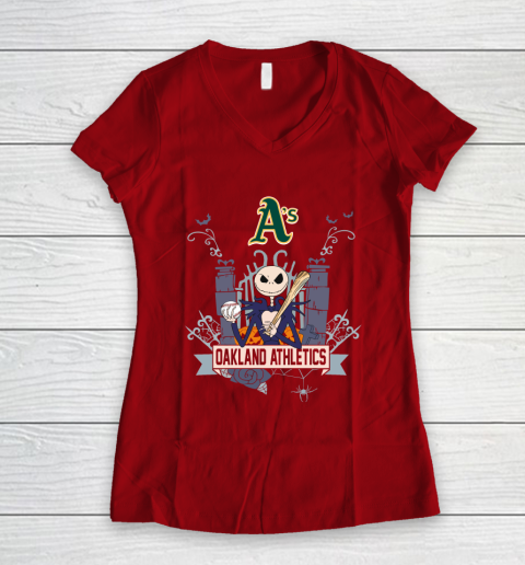 MLB Oakland Athletics Baseball Jack Skellington Halloween Women's V-Neck T-Shirt 8