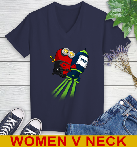 NFL Football Seattle Seahawks Deadpool Minion Marvel Shirt Women's V-Neck T-Shirt 12