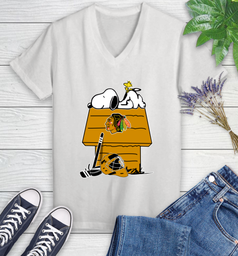 Chicago Blackhawks NHL Hockey Snoopy Woodstock The Peanuts Movie Women's V-Neck T-Shirt