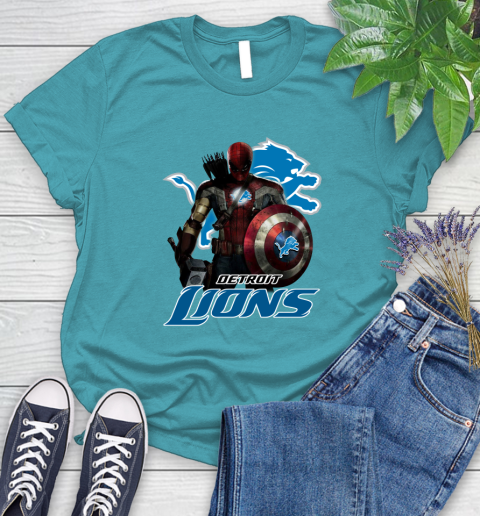 NFL Captain America Thor Spider Man Hawkeye Avengers Endgame Football Detroit Lions Women's T-Shirt 12