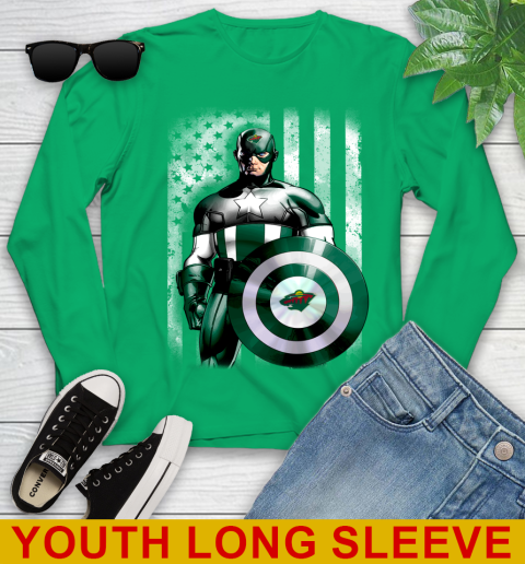 Minnesota Wild NHL Hockey Captain America Marvel Avengers American Flag Shirt Youth Long Sleeve 7