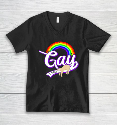 Funny Gay and Tired Shirt LGBT Sloth Rainbow Pride V-Neck T-Shirt