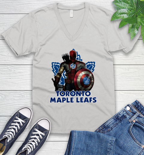 NHL Captain America Thor Spider Man Hawkeye Avengers Endgame Hockey Toronto Maple Leafs V-Neck T-Shirt