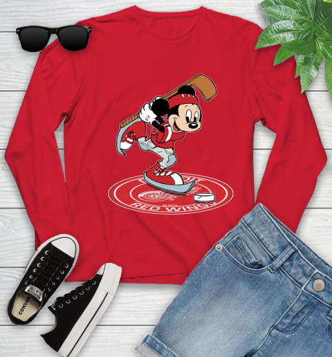 NHL Hockey Detroit Red Wings Cheerful Mickey Disney Shirt Youth Long Sleeve 11