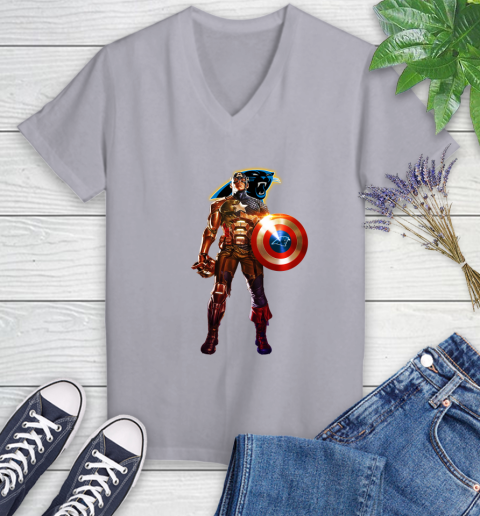 NFL Captain America Marvel Avengers Endgame Football Sports Carolina Panthers Women's V-Neck T-Shirt 4