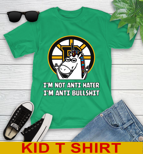Boston Bruins NHL Hockey Unicorn I'm Not Anti Hater I'm Anti Bullshit Youth T-Shirt 6