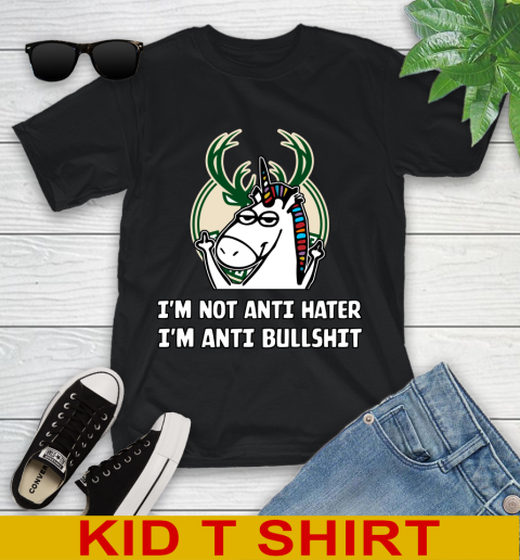 Milwaukee Bucks NBA Basketball Unicorn I'm Not Anti Hater I'm Anti Bullshit Youth T-Shirt 2