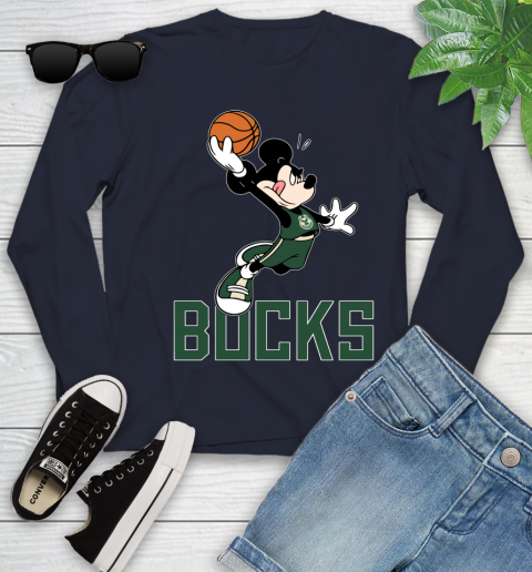 NBA Basketball Milwaukee Bucks Cheerful Mickey Mouse Shirt Youth Long Sleeve 3