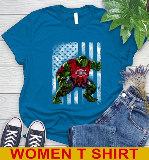 Montreal Canadiens Hulk Marvel Avengers NHL Hockey American Flag Women's T-Shirt 8