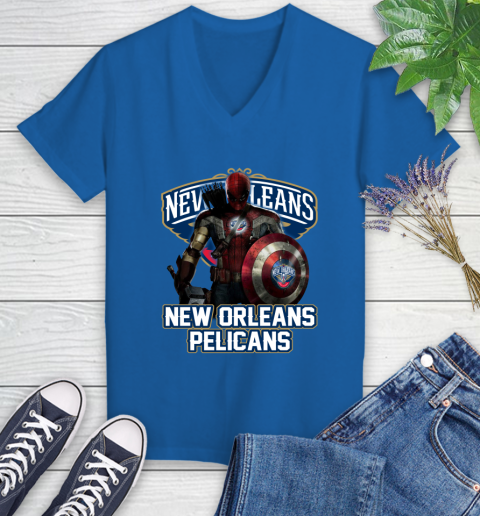 New Orleans Pelicans NBA Basketball Captain America Thor Spider Man Hawkeye Avengers Women's V-Neck T-Shirt 10