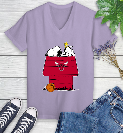 Chicago Bulls NBA Basketball Snoopy Woodstock The Peanuts Movie Women's V-Neck T-Shirt 14