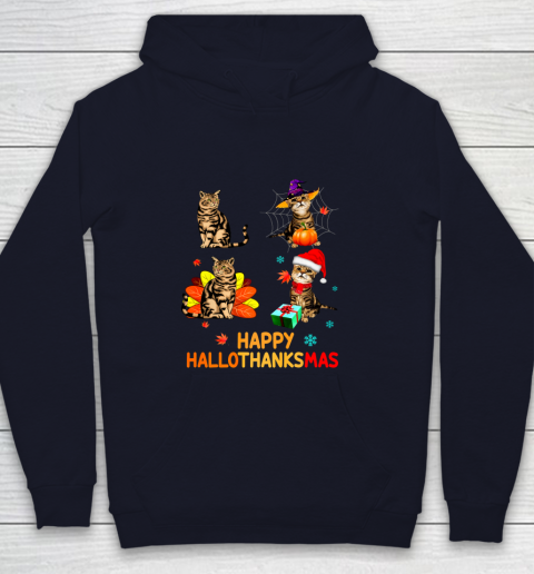 Cat Halloween Thanksgiving Christmas Happy Hallothanksmas Youth Hoodie 2