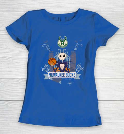 NBA Milwaukee Bucks Basketball Jack Skellington Halloween Women's T-Shirt 8
