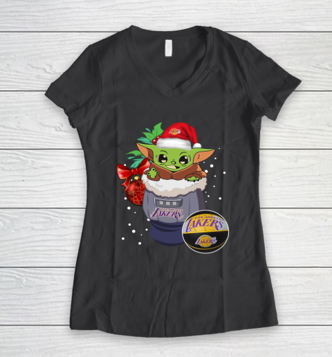 Los Angeles Lakers Christmas Baby Yoda Star Wars Funny Happy NBA Women's V-Neck T-Shirt 8